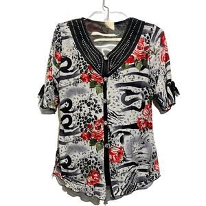 Design Works Petite Blouse Womens Size Small Petite Red Black Rose Animal Print